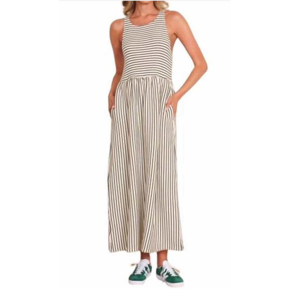 dRA Los Angeles Anzio ivory and black striped ribbed maxi dress Size Sm Coastal